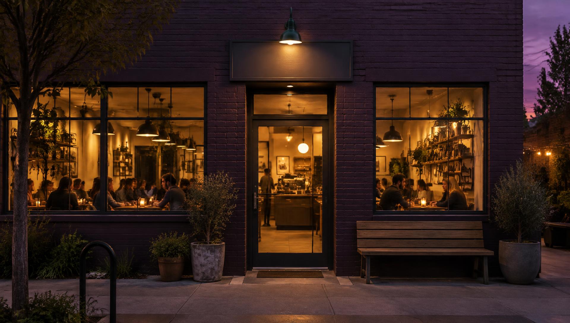 A dark brick coffee shop at dusk with warm glowing windows, people talking inside, and a bench by the door